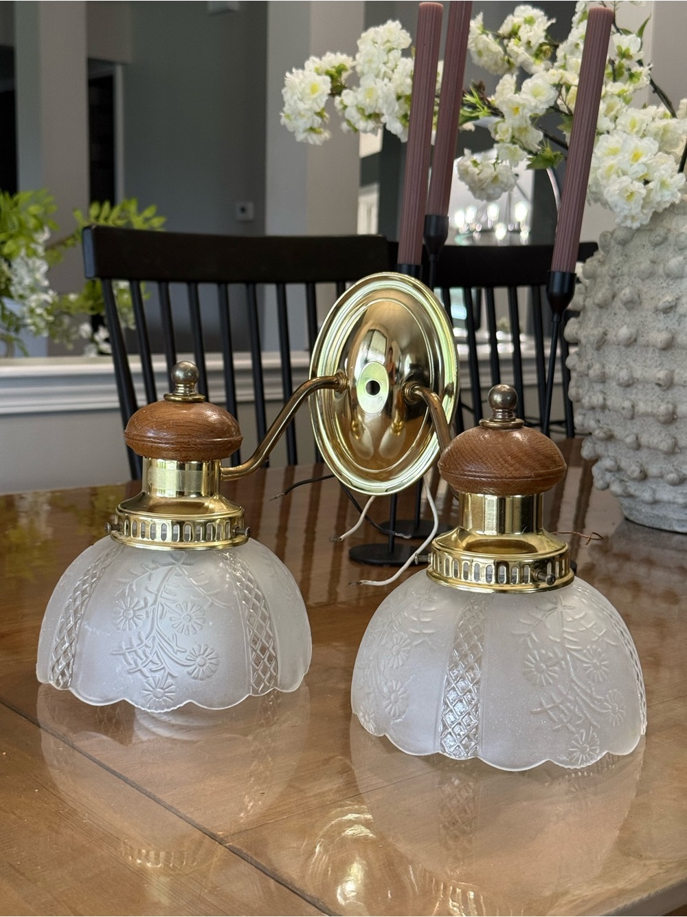 Brass and Frosted Glass Wall Sconce with Wood Accents - White